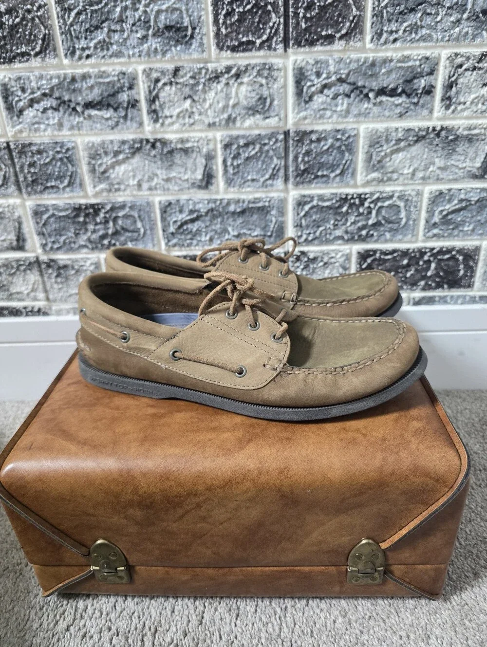 Sperry Top Sider Men's Leather Olive Slip On Shoes Size 10M
